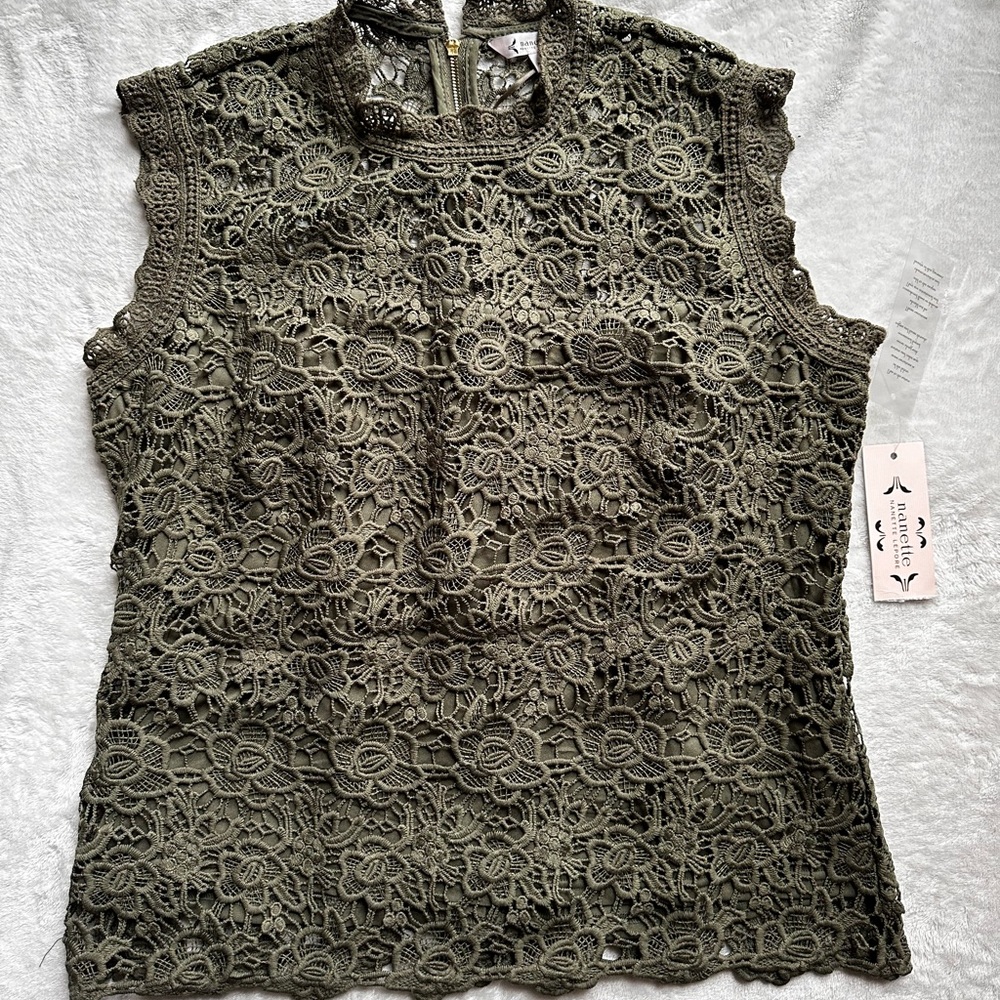 Nanette Lepore Winding Vines Sleeveless Shirt Medium Olive Green Lace New